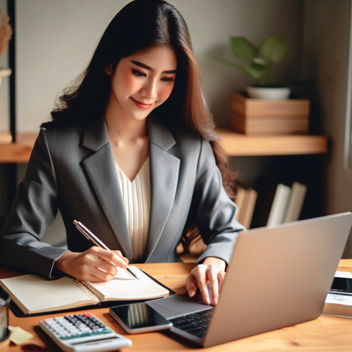 Businesswoman working on laptop and writing in notebook.