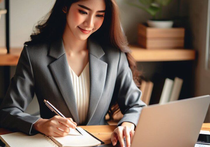 Businesswoman working on laptop and writing in notebook.