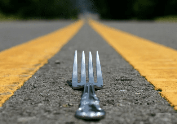 Fork on yellow lines on asphalt road.